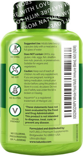 Naturelo Whole Food Multivitamin + Immune Blend With Elderberry & Mushrooms - Complete Multivitamin With Extra Immune Support - C, D3, Zinc, Elderberry, Reishi, Shitake - 60 Vegan Capsules