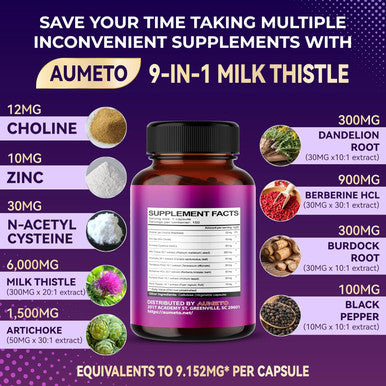 Aumeto Ultra Milk Thistle 9 in 1 Formula - 17372mg with Dandelion NAC Berberine Artichoke (150 Count (Pack of 1))