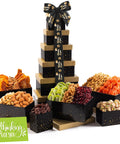 NUT CRAVINGS - Purim Mishloach Manot Dried Fruit & Mixed Nuts Gift Basket, Green Tower + Ribbon (12 Assortments) Ramadan Gifts Food Arrangement, Healthy Snack Care Package, Kosher