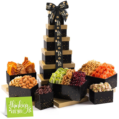NUT CRAVINGS - Purim Mishloach Manot Dried Fruit & Mixed Nuts Gift Basket, Green Tower + Ribbon (12 Assortments) Ramadan Gifts Food Arrangement, Healthy Snack Care Package, Kosher