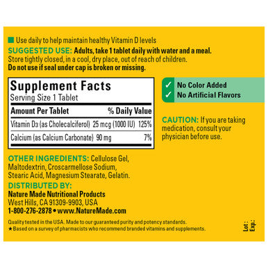 Nature Made Vitamin D3 1000 Iu (25 Mcg) Dietary Supplement For Bone Teeth Muscle And Immune Health Support 300 Tablets 300 Day Supply