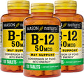Mason Natural Vitamin B12 50 mcg with Calcium - Healthy Conversion of Food into Energy, Supports Nerve Function and Health, 100 Tablets (Pack of 3)