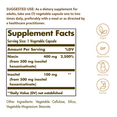 Solgar No-Flush Niacin 500 Mg 250 Vegetable Capsules - Cardiovascular Support - Supports Energy Metabolism - No-Flush Delivery - Vegan Gluten Free Dairy Free Kosher - 250 Servings