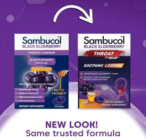 Sambucol Black Elderberry Throat Lozenge - With Honey Vitamin C & Zinc Elderberry Lozenges Sore Throat & Cough Soothes Scratchy Throat Supports Immunity Soft & Chewy - 3-Pack (60 Total Pastilles)