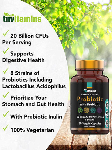 Probiotics for Women & Men with Prebiotics for Digestive Health with Acidophilus | 60 Enteric Coated Vegetarian Capsules | 20 Billion CFUs - 8 Strains | by TNVitamins