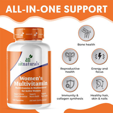 Aitnaturals Women's Multivitamin - 120 Capsules | Enriched with Vitamin A C D E K B12 Folate Iron Calcium Magnesium Biotin Zinc & Iodine | Support Bone Muscle Health Energy & Metabolism