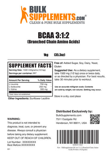 BulkSupplements BCAA 3:1:2 Powder (Branched Chain Amino s) - BCAA Powder for Muscle Recovery - Unflavored, - 1500mg , 667 Servings (1 Kilogram - 2.2 lbs)