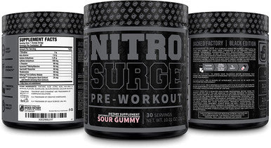 NITROSURGE Black Pre Workout Supplement Nootropic Energy Booster Powder w/Dynamine TeaCrine PreWorkout Nitric Oxide Booster 30 Servings Sour Gummy