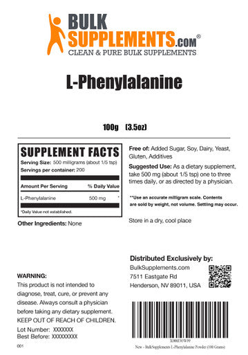 BulkSupplements L-Phenylalanine Powder - Amino Nutritional Supplements - L Phenylalanine 500mg - Amino s Supplement - Brain Supplements for Memory and Focus (100 Grams - 3.5 oz)