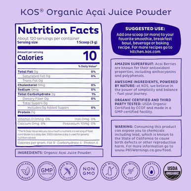 Kos Organic Acai Juice Powder - Usda Certified Organic, Plant Based Superfood Antioxidants, Superberry From Brazil, Great For Smoothies And Bowls, 0G Sugar, Vegan, Gluten-, Non-Gmo - 120 Servings