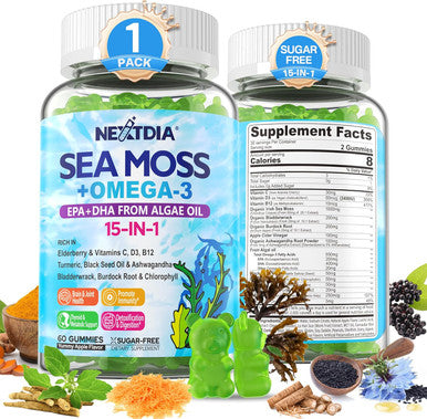 Sea Moss Gummies + Omega-3 For Adult With Ashwagandha, Turmeric, Elderberry, Vitamins D3, B12, Burdock Root & Bladderwrack, Vegan Irish Sea Moss For Immunty, Brain, Energy Boost, Skin Health, 60Cts