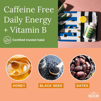 Noor Vitamins Energy+ Multivitamin Halal Vitamin For Energy Production & Immunity, 26 Vitamins & Minerals, Black Seed, Dates, Honey, For Men & Women. Gelatin Free, 2 Month Supply