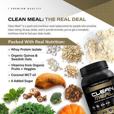 Kaged Muscle Clean Meal; Meal Replacement Shake with Whey Protein Isolate, Clean Carbs, MCT Oil Fats, Organic Vitamins and Minerals, CPB 20 servings