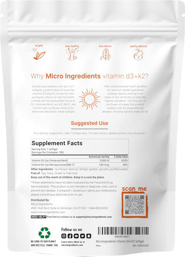 Micro Ingredients Vitamin D3 5000 IU with K2 100 mcg 300 Soft-Gels | K2 MK-7 with D3 Vitamin Supplement 2 in 1 Support Immune Heart Joint Teeth & Bone Health - Easy to Swallow
