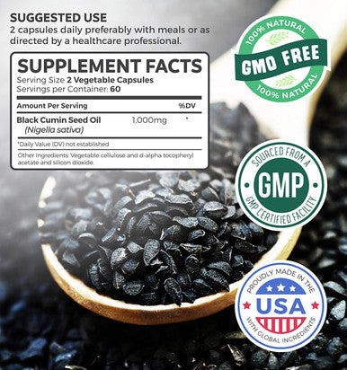 Black Seed Oil 120 Softgel Capsules NonGMO Vegetarian Premium ColdPressed Nigella Sativa Producing Pure Black Cumin Seed Oil with Vitamin E 500mg Each 1000mg Per Serving
