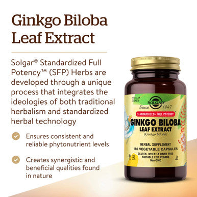 Solgar Ginkgo Biloba Leaf Extract 180 Vegetable Capsules - Brain Health & Mental Alertness - Standardized Full Potency (Sfp) - Non-Gmo Vegan Gluten Free Dairy Free Kosher Halal - 180 Servings