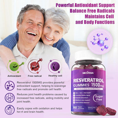 Resveratrol Gummies 1500Mg - Sugar Resveratrol Supplement With Quercetin, Grape Seed, Acai Berries Extracts Support Antioxidant, Healthy Aging & Longevity, Skin, Joint, Brain Wellness - 2Pack