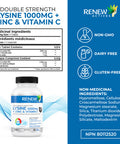 Renew Actives Maximum Strength L-Lysine 1000Mg Capsules W. Zinc & Vitamin C (Rare) - Collagen For Hair, Skin & Nails - Easy To Swallow & Vegan - Made In Canada