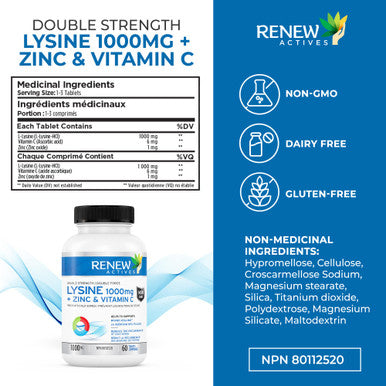 Renew Actives Maximum Strength L-Lysine 1000Mg Capsules W. Zinc & Vitamin C (Rare) - Collagen For Hair, Skin & Nails - Easy To Swallow & Vegan - Made In Canada