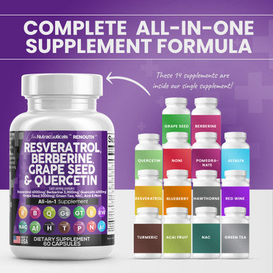 Resveratrol 6000mg Berberine 3000mg Grape Seed Extract 3000mg Quercetin 4000mg Green Tea Extract - Polyphenol Supplement for Women and Men with N-Acetyl Cysteine, Acai Extract - 60 Caps