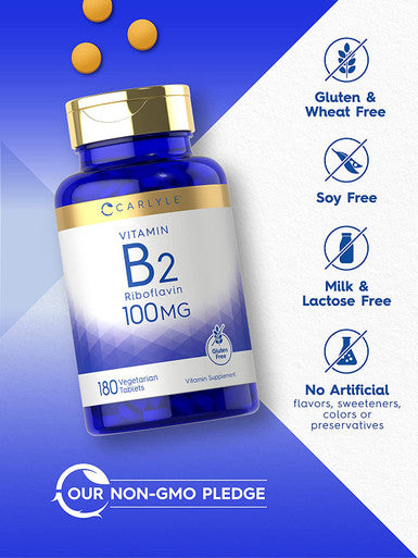 Carlyle Vitamin B2 100mg | 180 Tablets | Vegetarian, Non-GMO, Gluten Free | Vitamin B2 Riboflavin