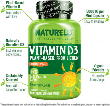 Naturelo Vitamin D - 5000 Iu - Plant Based From Lichen - Natural D3 Supplement For Immune System, Bone Support, Joint Health - High Potency - Vegan - Non-Gmo - Gluten - 180 Capsules
