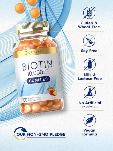Carlyle Biotin 10000mcg Gummies | 100 Count | Peach Flavor Supplement | Vegan Non-GMO Gluten