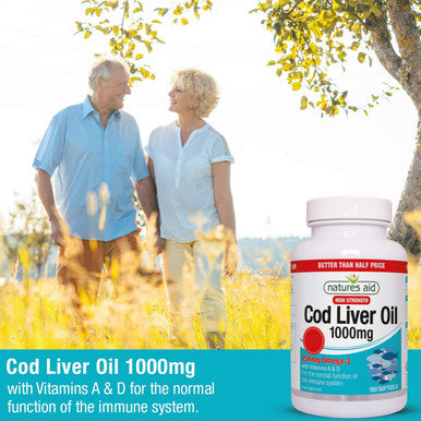 Natures Aid Cod Liver Oil 1000 mg, 180 Softgel Capsules (High Strength 254 mg Omega-3 with Vitamins A and D for Normal Function of the Immune System Made in the UK)