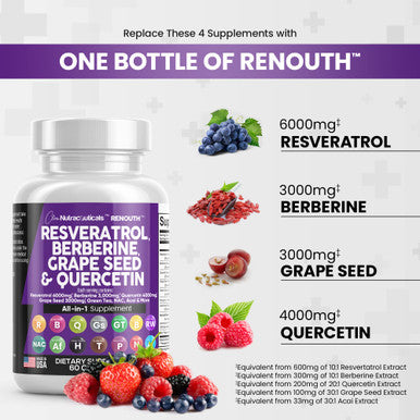 Resveratrol 6000mg Berberine 3000mg Grape Seed Extract 3000mg Quercetin 4000mg Green Tea Extract - Polyphenol Supplement for Women and Men with N-Acetyl Cysteine, Acai Extract - 60 Caps