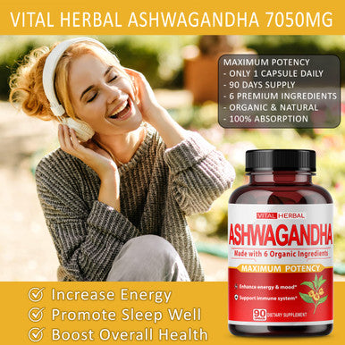 Organic Ashwagan Capsules Equivalent to 7050mg - Maximum Potency with L-Theanine Turmeric Rhodiola St. John's Wort Increase Strength Focus Mood Sleep Support - 90 Days Supply