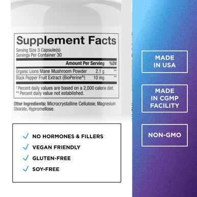 DR. EMIL NUTRITION 2100mg Organic Lions Mane Supplement Capsules Focus Mental Clarity and Cognition Nootropic Lion's Mane Mushroom Supplement with Organic Lions Mane