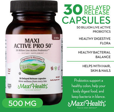 Maxi Health Probiotic Plus Ultimate Prebiotic Advanced Live Probiotics Formula - 50 Billion Live Active Probiotic - 15 Strains - Ultra Protection - Active Pro-50-30 Count