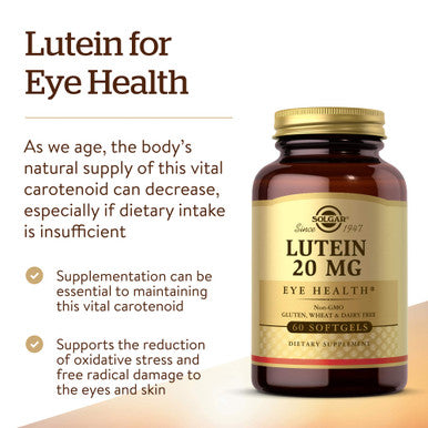 Solgar Lutein 20 Mg 60 Softgels - Supports Eye Health - Helps Filter Out Blue-Light - Contains Floraglo Lutein - Non-Gmo Gluten Free Dairy Free - 60 Servings
