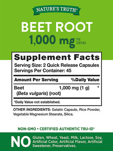 Nature's Truth Beet Root Capsules | 1000mg | 90 Pills | Herbal Extract | Gluten , Non-GMO Supplement, 90 Count