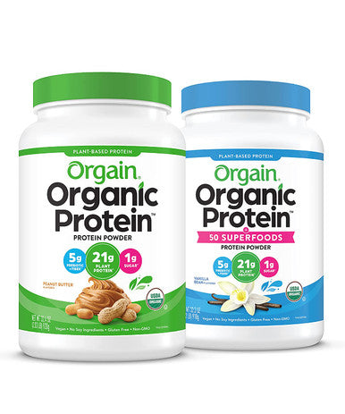 Orgain Organic Plant Based Protein Powder Peanut Butter Vegan Low Net Carbs 2.03 Pound Organic Plant Based Protein Superfoods Powder Vanilla Bean Vegan Non Dairy Lactose 2.02 lb