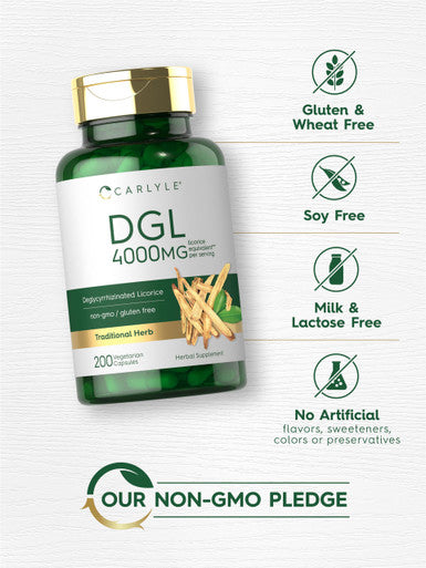Dgl Deglycyrrhizinated Licorice Capsules | 200 Count | 4000Mg | Vegeterian, Non-Gmo & Gluten Free Supplement | By Carlyle