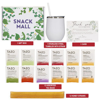 Snack Mall Tea Sets for Tea Lovers - Includes 12 Uniquely Flavored Teas All Natural Honey Straws and Beautiful Double Insulated Tumbler Cup