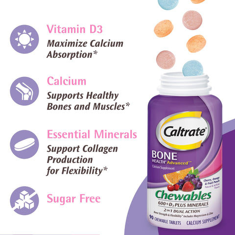 Caltrate Chewables 600 +D3 Plus Minerals Calcium and Vitamin D Sugar Free Cherry Orange and Fruit Punch 60 Count