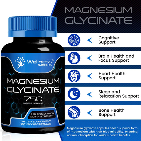 Magnesium Glycinate Capsules 750mg 120 Count Magnesium Supplement for Women and Men Pure Complex Glicinato De Magnesio High Absorption Heart Health Sleep Supplement 2 Packs