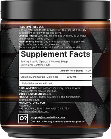 Naturebell Creatine Monohydrate Powder 500 Grams 5000mg Per Serving Pure Unflavored Creatine Powder Micronized Pre Workout Keto Vegan Dissolves Easy Filler 100 Servings 1.1Lb