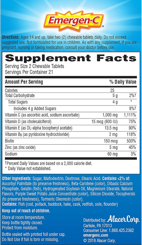 EmergenC Immune+ Chewables 1000Mg Vitamin C With Vitamin D Tablet Immune Support Dietary Supplement For Immunity Orange Blast Flavor 42 Count