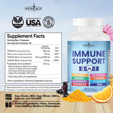 8 in 1 Immune Support Booster Supplement with Elderberry, Vitamin C and Zinc 50mg, Vitamin D 5000 IU, Turmeric Curcumin & Ginger, B6, Echinacea 60 CT