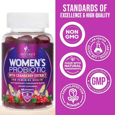 Nature'S Nutrition Probiotic Gummy for Women - Digestive Health Support 3 Billion CFU Womens Probiotic for Vaginal pH Urinary & Immune Support 6 Diverse Strains w/ Cranberry Non-GMO Probiotics - 60 Gummies