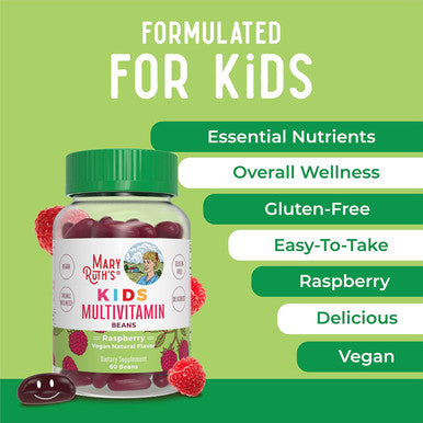 Maryruth Organics Multivitamin Multimineral Vita-Beans for Kids | Vegan Chewable Vitamins for Ages 4+ | Immune Support | Bone Health | Raspberry Flavor | 60 Count