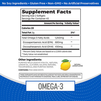 Orgain Omega3 Fish Oil Supplement 1240mg High EPA DHA 1130mg Sustainably sourced from WildCaught Fish 45 Day Supply 90 Softgels