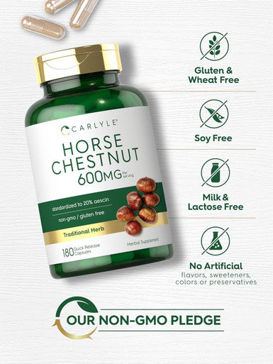 Carlyle Horse Chestnut Capsules 600mg | 180 Count | Non-GMO Gluten Extract