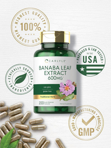 Carlyle Banaba Leaf Extract Capsules 600mg | 200 Count | Non-GMO Gluten
