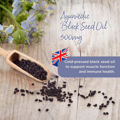 Healthspan Black Seed Oil 500mg | 60 Capsules | Support Muscle Function & Immune Health | Added Vitamins D3 & E | Cold Pressed Black Seed Oil | Ayurvedic | Vegan