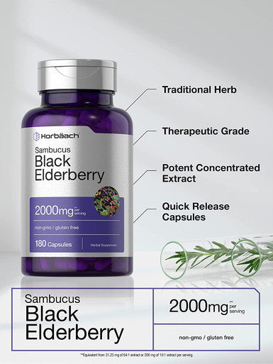 Black Elderberry | 2000mg Capsules | 180 Count | Non-GMO, Gluten Free | Sambucus Extract Supplement | by Horbaach