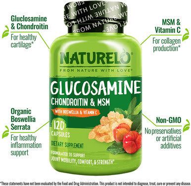 NATURELO Glucosamine Chondroitin MSM with Boswellia and Vitamin C - Supplement for Joint Comfort, Mobility, and Strength - 120 Capsules